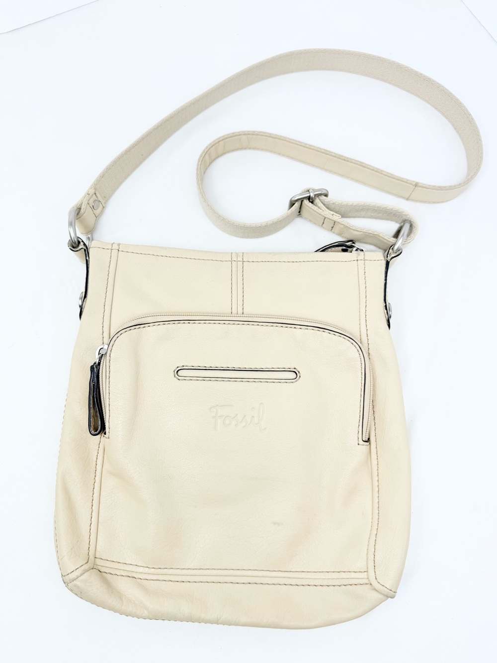Fossil Cream Leather Multi Pocket Adjustable Crossbody Bag